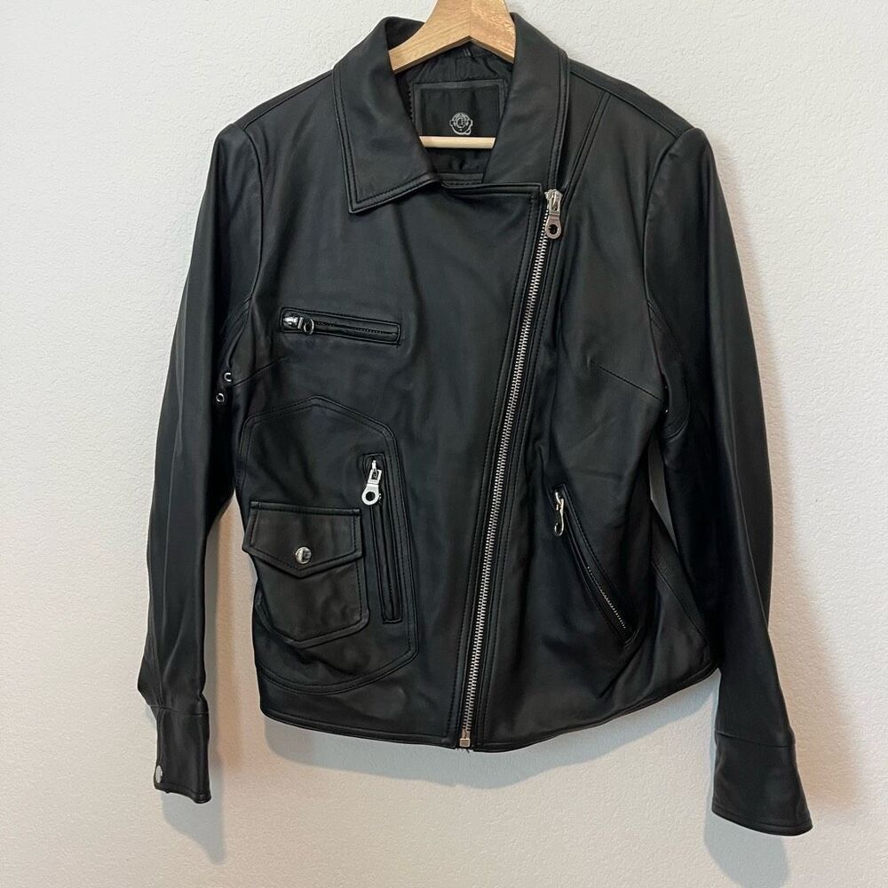 Uniquism Black Leather Full Zip-Up Moto Motorcycle Biker Jacket Women's Large